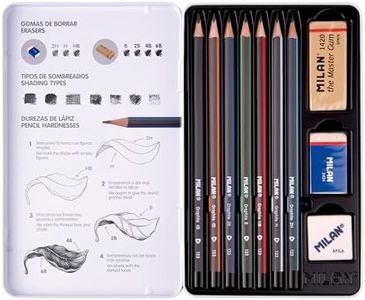 MILAN® Set 7 lápices de grafito (2H,H, HB, B, 2B, 4B y 6B) para dibujo, con 2 gomas de borrar y sacapuntas, en estuche metálico