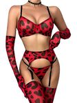 Aphrotiny Women's Leopard Lingerie Sexy Lingerie Set with Stockings & Gloves 6 Piece Bra and Panty Sets with Choker