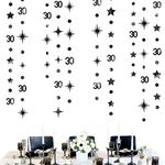 Black 30th Birthday Decorations Number 30 Polka Dot Twinkle Star Garland Streamer Metallic Black Hanging Bunting Banner Backdrop for Men Women Happy Dirty 30 Year Old Thirty Anniversary Party Supplies