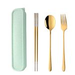 SBOMHS Stainless Steel Portable Travel 3-Piece Cutlery Set with Case Fork Spoon Chopsticks for 1 Camping Flatware for School Picnic Utensils Set Gold