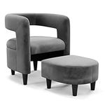 Giantex Velvet Accent Chair with Ottoman, Mid Century Modern Comfy Armchair, Upholstered Barrel Chair & Footrest Set, Open Back, Solid Wood Frame, Round Club Chair for Living Room, Bedroom (Dark Gray)