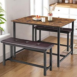 Alkmaar Dining Table Set for 4, Dining Table with 2 Benches, 3 Piece Kitchen Table Set for Small Space, Apartment, Space-Saving Dining Table Set, Heavy Duty Structure, Easy Assemble, Rustic Brown