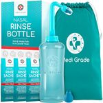 Medi Grade Nasal Irrigation Kit with 500ml Nasal Rinse Bottle and 30x (4.5g) Premixed Saline Nasal Rinse Salt Sachets - Deluxe Free-Flow Bottle Nose Cleaner for Improved Breathing and Nasal Hygiene