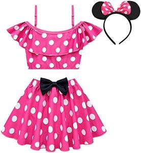 Dressy Daisy Polka Dots Tankini Dress Two Piece Swimsuit Swimwear Swimming Bathing Suit with Skirt & Headband for Little Girls Size 7-8, Hot Pink