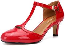 fereshte Women's Men's Mary Jane T-Strap Round Toe Mid Kitten Heel Pumps Shoes, Red, 12 Women / 10.5 Men