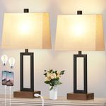 23.5" Table Lamps Set of 2, Modern Black Bedside Lamps with 2 USB Ports & AC Outlet, Contemporary Nightstand Lamps with Wood Base for Bedroom Living Room(LED Bulb Included)