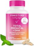 Pink Stork Total Prenatal Vitamins with DHA, Folate, Iron, Choline, and Vitamin B12 - Preconception Nutrition - Prenatals for Women, Pregnancy Must Haves - Mint Essence, 60 Capsules, 1 Month Supply