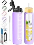 Nefeeko 34 oz Glass Water Bottles with Straw, Motivational Glass Water Bottle with Time Marker, 1 Liter BPA FREE Leakproof Reusable Glass Water Bottle with Silicone Sleeve, Bamboo Lid, Spout Lid