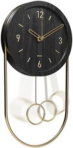 Driini Decorative Wall Clock with Pendulum (Black) – Modern Wood, 3D Gold Numbers, Metal Frame – Small, Unique Wall Clocks for Living Room Decor or Bathroom - Battery Operated, Silent, Non-Ticking