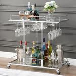 FERFALDER Acrylic Bar Cart-Home Bar Serving Cart with Wine Rack 2-Tier Kitchen Cart on Wheels Bar Stand for Living Room Kitchen Club