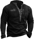 Men's Tactical Fleece Henry Collar Long Sleeve Sweatshirt Soft Warm Retro American Flag Button Pullover Black