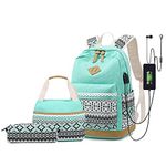 Leaper Geometric Laptop Backpack School Bag Lunch Bag Pencil Bag Set Water Blue