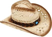 Unisex Woven Straw Western Cowboy Cowgirl Hat for Ranch Gardening, Bead_Beige