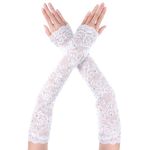 Lace Fingerless Gloves for Women Rhinestone Lace Long Gloves Elbow Length Arm Sleeve Opera Gloves Women for Halloween Wedding Prom Tea Party(White)