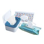 Wipes Dispenser with 2Pcs Portable Refillable Wipe Holder,Reusable Large Wipe Holder Box Flushable Wipes Case Bathroom Wipes Container for Pet Nursery Kitchen Office Counter(White-Blue)