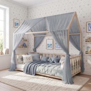 Draphelle Bed Canopy Scarf Stone Blue 62x180 for Kids, 2 Pcs Sheer Drapes with 4 White Bow Tiebacks, Soft Nursery Netting Bedding Curtains for Girls Princess House Bed Frame, Wedding Party Arch Decor