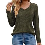 AMhomely Ladies Tops Sale Clearance Womens Casual Fall Sweater Long Sleeve Sweatshirts Tops Ribbed Knit Jumpers Loose V-Neck Baggy Slouchy Pullover Sweaters Basic Underwear, XXL, 01* Army Green