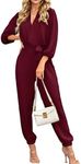 Cnlinkco Womens Long Sleeve Jumpsuits Elegant Dressy Rompers V Neck Belt with Pockets Casual One Piece Outfits Wine Red XL