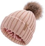 FURTALK Womens Beanie Satin Lined Knitted Beanie with Pom Winter Hats for Women Pink