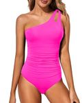 Holipick One Shoulder One Piece Swimsuit for Women Tummy Control Bathing Suits Modest Full Coverage Keyhole Swimwear Hot Pink