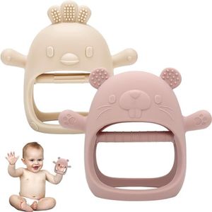 Anneau Dentition Bebe, 2 Pcs Gant Dentition Bebe, Mitaine De Dentition pour Bébé, Jouet Dentition Bébé Refrigerant, Tetine Grignoteuse Dentition pour Bebe Garcon Fille (Beige/Rose)