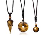 Jovivi 3 Pcs Tiger Eye Crystal Stone Necklaces Set for Men Women Natural Healing Gemstone Hexagonal Bead Donut Necklace Adjustable Rope Quartz Crystal Chakra Pendant Jewelry for Reiki Energy Protection