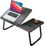 KKTECH Laptop Tray with Adjustable Angle, Space-Saving Bed Table with Foldable Legs, Cup Slot, Book Holder, Reading Stand, Versatile Laptop Table for Bed Use (BLACK)