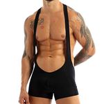FEESHOW Men's Stretchy Jockstrap Boxer Briefs Wrestling Singlet Open Front Bodysuit Underwear Jumpsuit Black Medium
