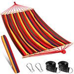 Anyoo Outdoor Garden Hammock with 120CM Wooden Spread Bars, Large Cotton Hammock with Portable Carry Bag and Hanging Straps, Perfect for Patio Yard Beach Camping Red