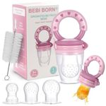 Baby Fruit Pacifier - 1 Pink Baby Fruit Feeder + 3 Sizes of BPA Free Silicone Teat (Kids 4 to 24 Months) 1 Nipple Cleaning Brush/Instruction Manual + Guide Offered (Download by QR Code)