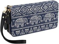 LATH.PIN RFID Blocking Bohemian Purse Wallet Canvas Elephant Pattern Handbag with Coin Pocket and Strap