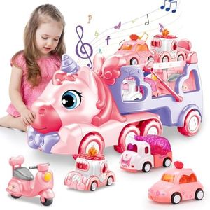 Qizebaby Toy Cars for Toddlers Girls，5 in 1 Carrier Truck Toy for Kid Girls，Transport Vehicles with Light & Music,Toys for 1 2 3+ Year Old Girl Gifts (Unicorn)