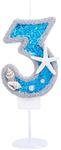 Kinsynko Birthday Candles for Cake Number 3 for Boy Girl, Toddler Under The Ocean Sea Blue Theme 3rd Birthday Party Decoration Cake Topper with Pearl Seashell Starfish Sequins