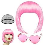 PLULON Pink Short Bob Wig and Sunglass Set, Neon Short Bob Wig Sunglass Pack Costume Colorful Cosplay Wig Hairpieces for Bachelorette Neon Party Favors, Halloween Decorations