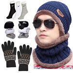 JMP Winter Knit Beanie Cap Hat Neck Warmer Scarf and Woolen Gloves Set and 3 Pair Socks Skull Cap for Men's & Women's (Navy Blue)