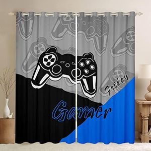 Loussiesd Tende da giocatore per camera da letto adolescenti ragazzi tenda da gioco gamepad Home Player Videogioco finestra drappeggiamenti per bambini trattamento con occhielli nero blu grigio W46*
