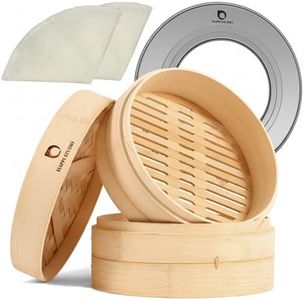 Bamboo Steamer Basket - 10 Inch 2-Tier Bamboo Dumpling Steamer for Cooking Dim Sum, Momo, Rice - Bao Bun - Natural Chinese Steam Baskets with Stainless Steel Ring Set