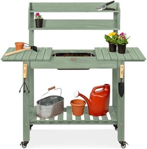 Best Choice Products Mobile Garden Potting Bench, Outdoor Wood Workstation Table w/Sliding Tabletop, 4 Locking Wheels, Food Grade Dry Sink, Storage Shelves - Sage Green