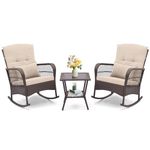 ORALNER 3 Pieces Patio Furniture Wicker Rocker Set, Outdoor Rocking Chairs with Cushions, Pillows, Glass Coffee Table, Rattan Bistro Set for Balcony Front Porch Poolside Garden Deck (Beige)