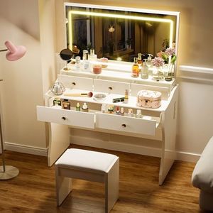 COMHOMA Makeup Vanity Desk with Mirror and Lights, Vanity Table and Chair Set with 5 Drawers and Charging Station, Bedroom Dresser LED Mirror Stepless Dimmable & 3 Color Modes Adjustable, White