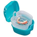 Blue: Denture Case, Denture Cup with Strainer, Coolrunner Denture Bath Box False Teeth Storage Box with Basket Net Container Holder for Travel, Retainer Cleaning (Blue) (Blue)