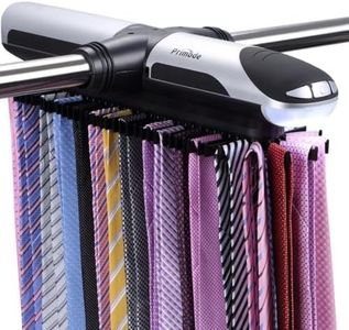 Primode Motorized Tie Rack with LED Lights - Bonus Stainless Steel Tie Clip Set - Stores Up To 72 Ties with 8 Belts Rotation Operates With Batteries Includes J Hooks for Wire Shelving