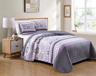 Kids Zone Home Linen 2 Piece Twin/Twin Extra Long Over Size Bedspread Set Damask Printed Pattern Lavender Purple White Grey