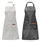 Pinsheng 2Pcs Striped Cotton Linen Apron, Adjustable Bib Apron with Pockets Men Women, Professional Chefs Apron for Cooking Baking Painting, Used in Kitchen Restaurant Garden(Black+ Grey)