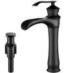 Tall Bathroom Vessel Sink Faucet, Arkosdex Retro Waterfall Bathroom Faucet, 1 Hole Vanity Sink Faucet with Pop Up Drain & Water Hoses, Elegant Lines & Waterfall Spout Design, Brass (Matte Black)