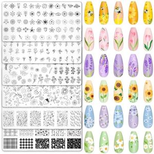 Whaline 6 Pcs Spring Summer Floral Nail Plates Stamping Set Flower Leaves Stamp Templates Nail Art Plates for DIY Print Manicure Salon Design