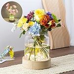 MJ PREMIER Vases for Autumn Decor, Flower Vases for Living Room, Large Borosilicate Glass Vase Cylinder, Light up Wood Tray, Beautiful LED Hurricane Vases for Wedding/Gifts