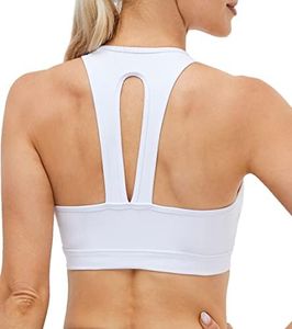 Oalka Women's Racerback Sports Fitness Support Workout Running Bras, Open Back White, Medium