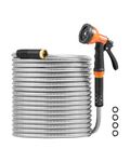 VEVOR Metal Garden Hose 50 ft, Rust Proof Stainless Steel Water Hose, Heavy Duty Backyard Hose with 10 Function Nozzle, No-Kink & Flexible Water Pipe, Lightweight Metal Hose for Yard, Outdoor