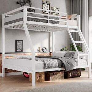 Feonase Metal Bunk Bed Twin Over Full with Ladder and High Guardrail, Heavy-Duty Metal Slats Support, Noise Free, No Box Spring Needed, for Kids and Juniors, White